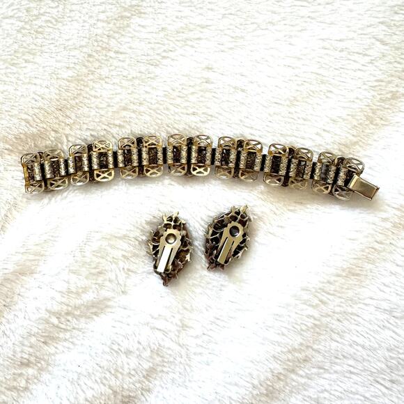 Whiting & Davis Attributed Asian Bracelet Earrings Reverse Intaglio Vintage 50s - Picture 5 of 7